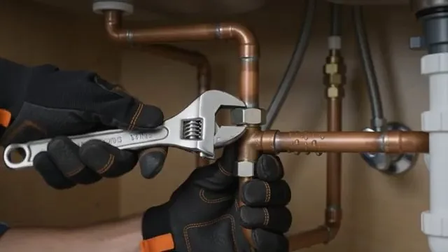 Gloved hands using an adjustable wrench on a copper fitting beneath a sink, with supply lines and a drain trap around it
