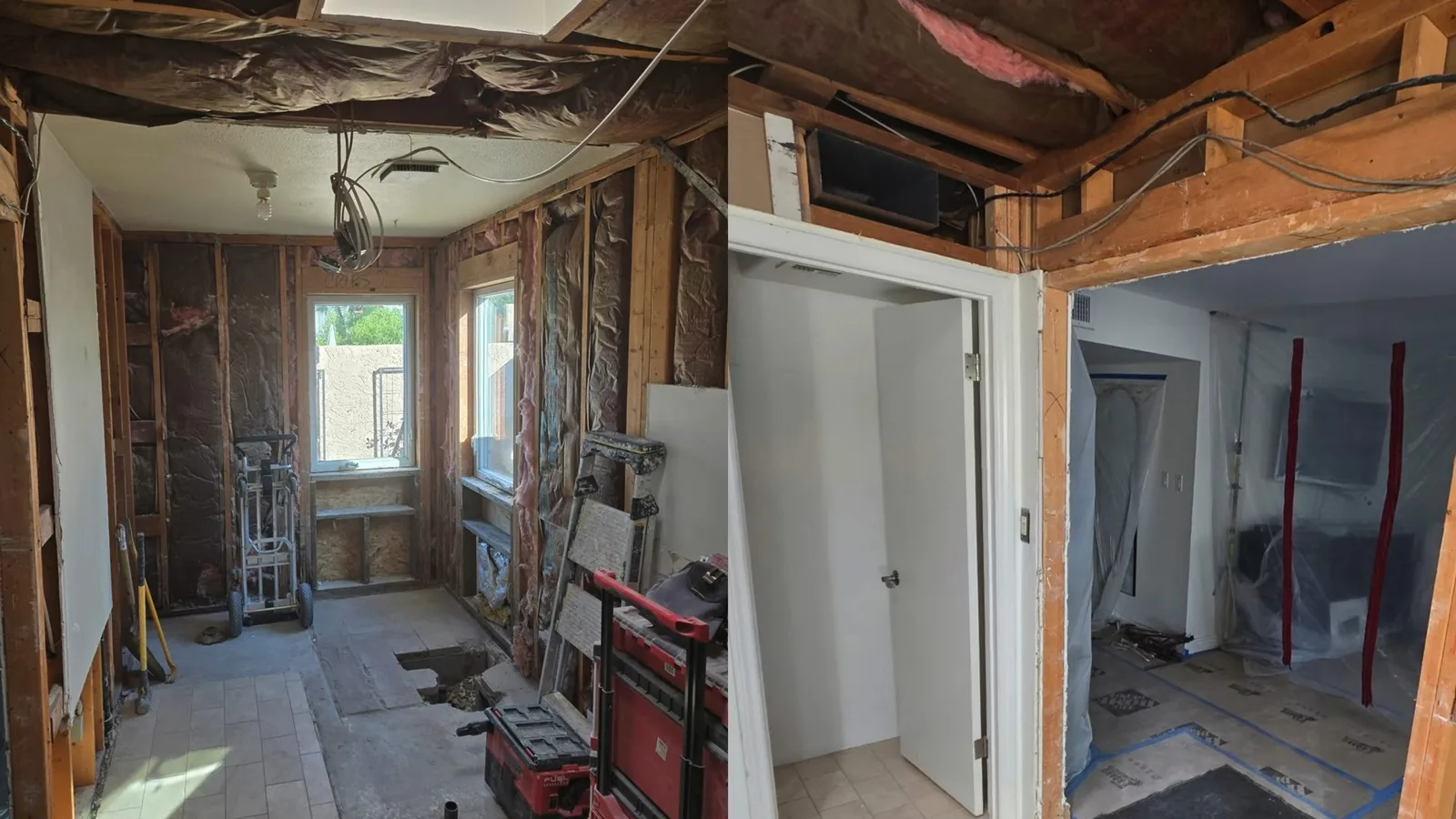 Bathroom stripped to bare wall studs with pipes exposed, plastic sheeting hung in the doorway and tools on the floor