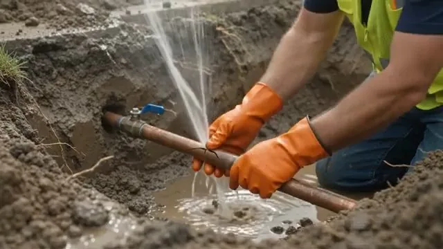 Worker in orange gloves holding a copper pipe in a muddy trench while water sprays upward from a break in the line