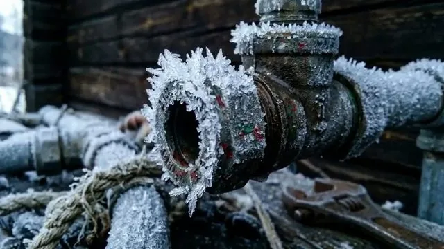 Pipe valve and fittings covered in thick white frost, with a rope and a wrench lying beside them