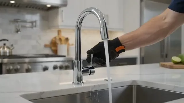 Gloved hand on the handle of a tall chrome kitchen faucet with water running into a steel sink