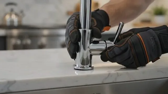Gloved hands working on the base and handle of a chrome faucet mounted on a white stone countertop
