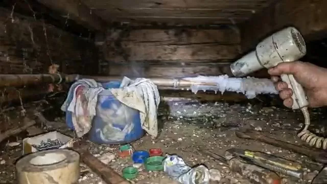 Hand holding a hair dryer toward a frost-covered pipe in a dark crawl space, with rags and a bucket under the pipe