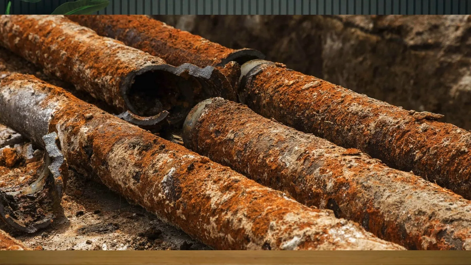 Several lengths of heavily rusted pipe, some split open, laid on a bench after being cut out
