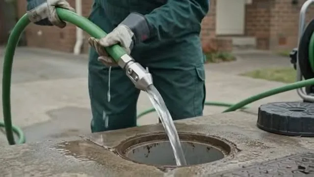 Person in green coveralls holding a hose with a metal jetting nozzle over a ground opening while water pours in, with a hose reel behind