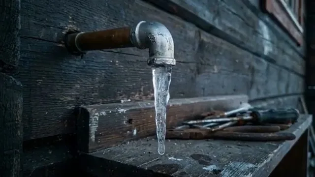 Long icicle hanging from an outdoor faucet on a dark wooden wall, with hand tools on a shelf below