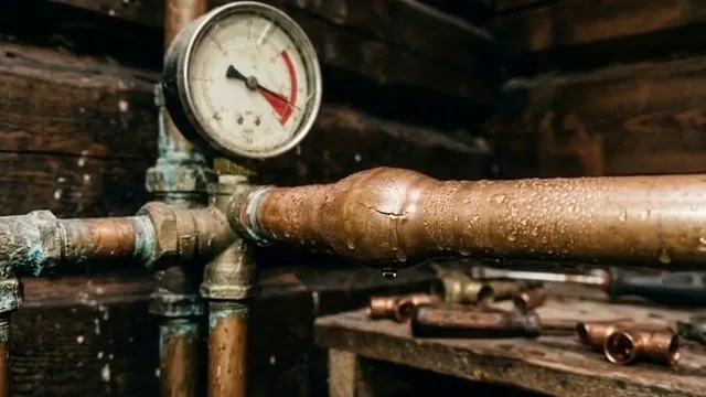 Round pressure gauge mounted on a copper water line with brass fittings, and loose copper fittings on a wooden bench