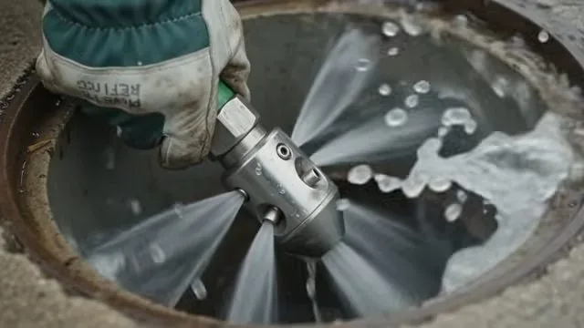 Gloved hand holding a metal jet head that sprays water in several directions inside a round concrete opening