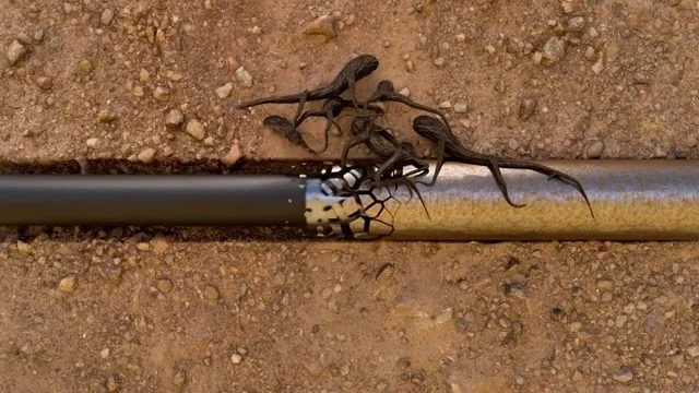 Dark tree roots wrapped around a perforated pipe lying in sandy soil