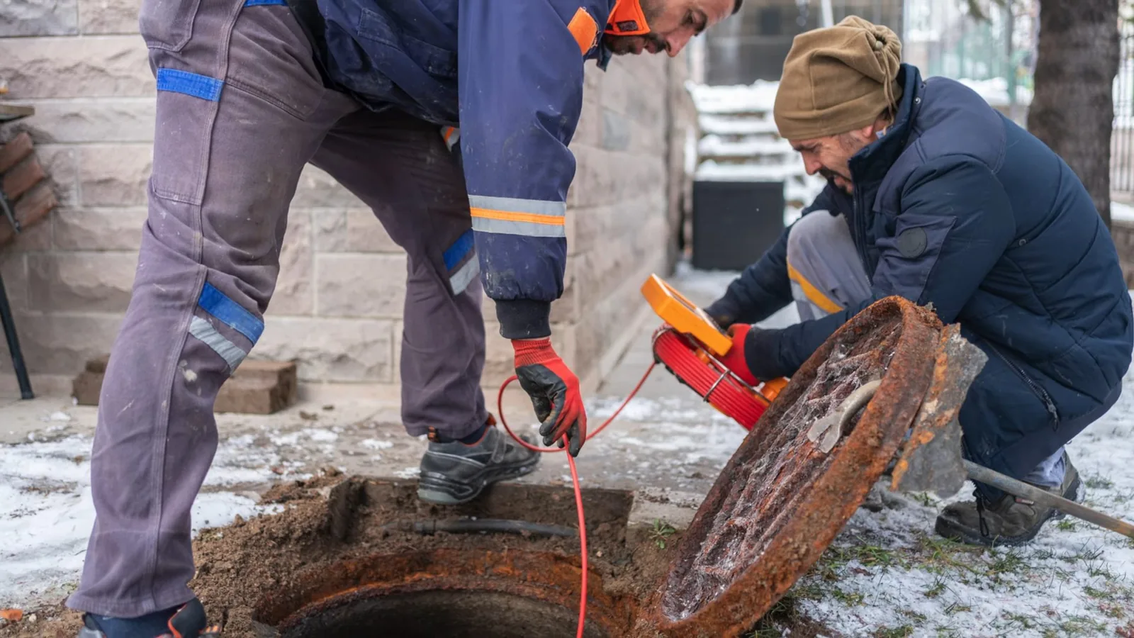 Two workers beside an open manhole in a yard dusted with snow, one holding the lid and the other crouched beside an orange camera reel