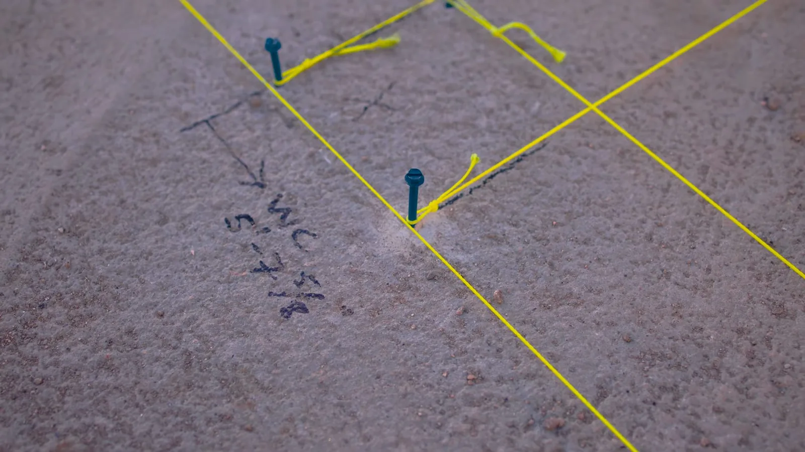 Yellow string lines and handwritten marks laid out on a bare concrete slab to show where a pipe is expected to run